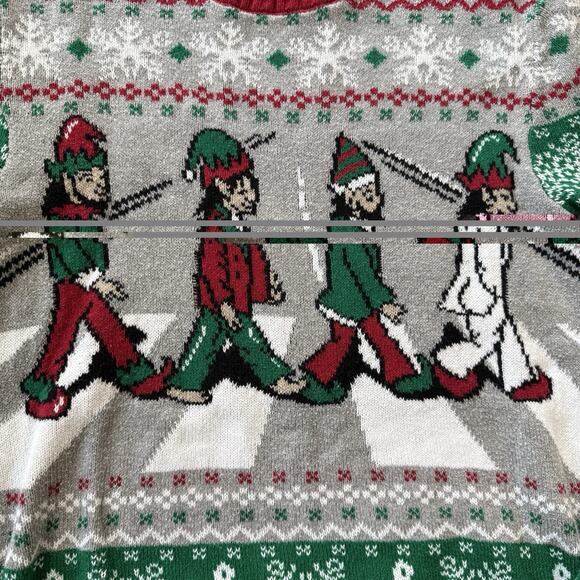 Ugly Christmas Sweater The BEATLES Abbey Road Elves Music Notes Men's Small - Picture 3 of 8
